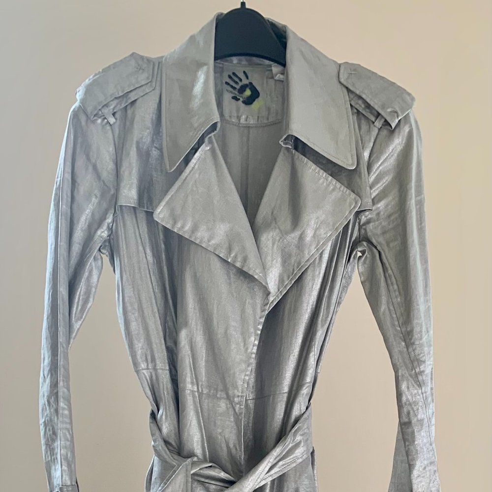 Norma Kamali "Everlast" Metallic Silver Linen Coat
